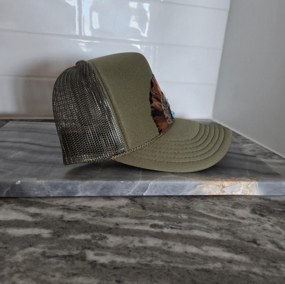 New Little Bird Trucking | Cherie Berry Trucker Hat | Olive Green | Feathers - Picture 4 of 7